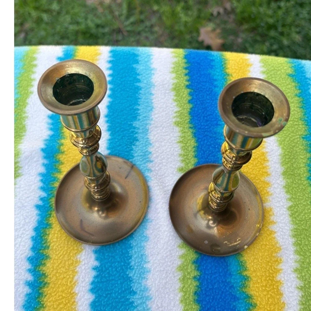 Candlesticks Home‎ 7in Gold Brass Spindle Vintage
